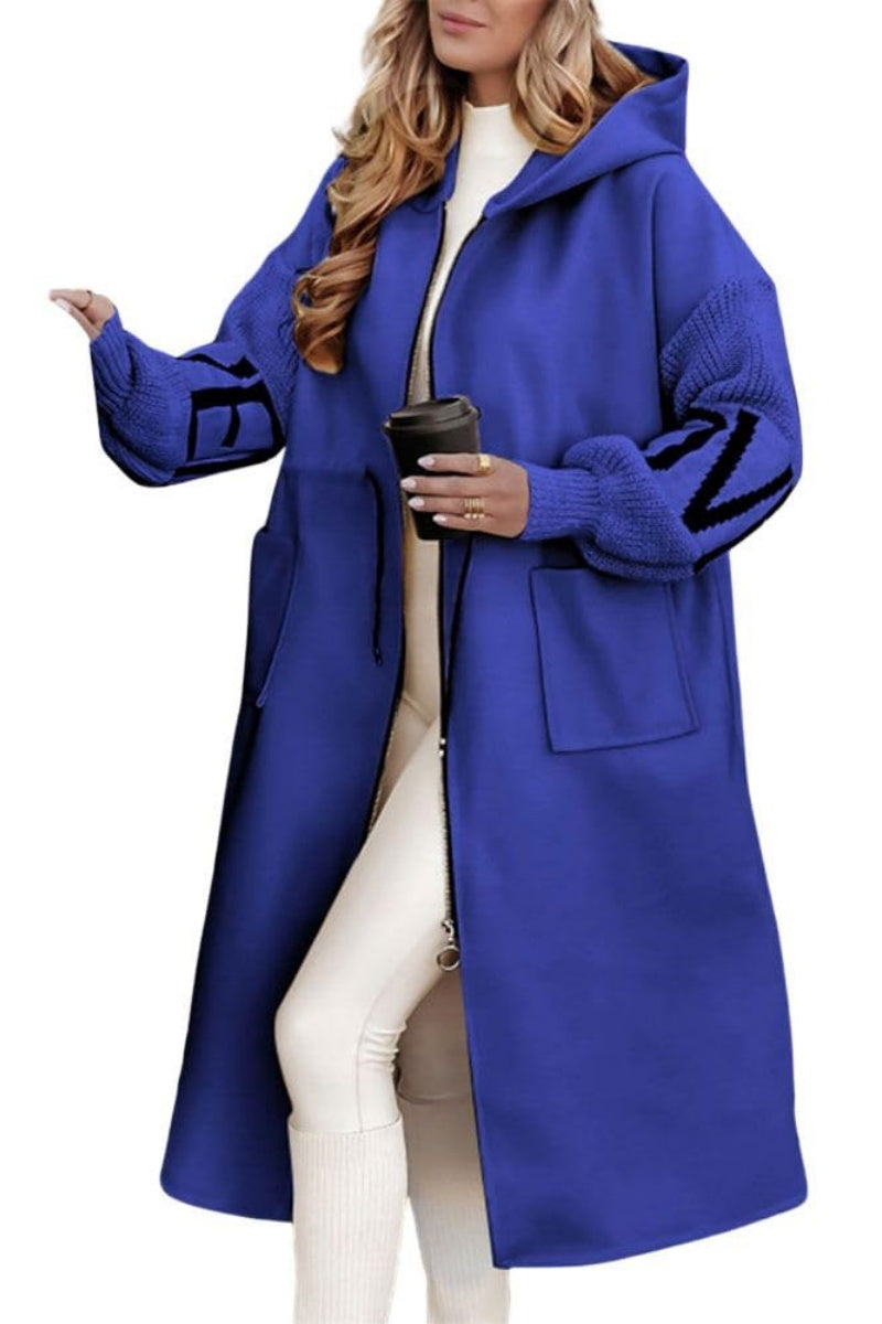 Chouyatou Women's Casual Knitted Sleeve Wool Trench Coat Zip Up Hooded Wool Blend Overcoat with Pockets