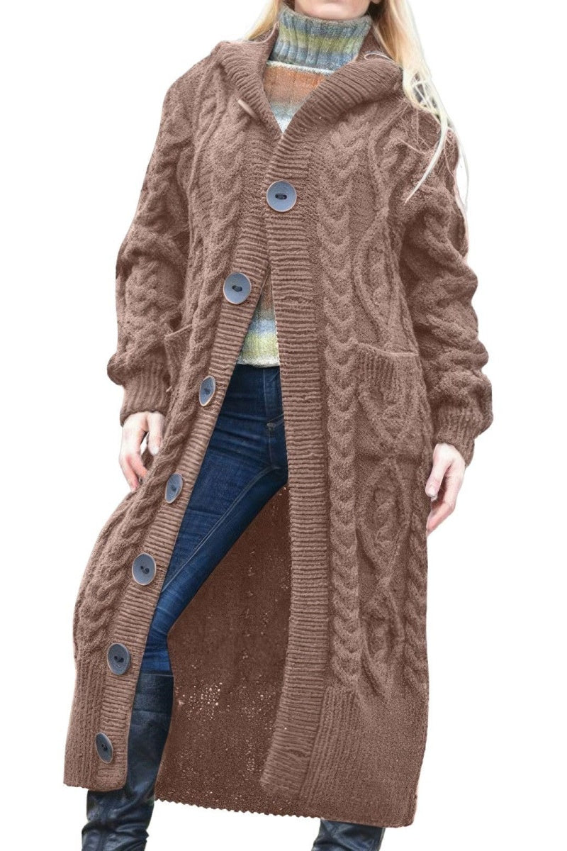 Chouyatou Women's Long Sleeve Hooded Cardigan Chunky Cable Knit Plus Size Over Knee Duster Coat with Pockets