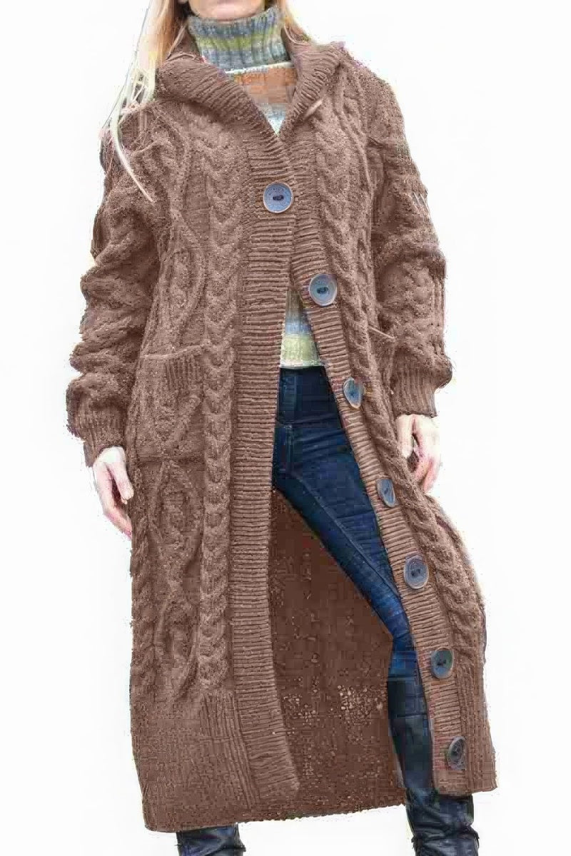 Chouyatou Women's Long Sleeve Hooded Cardigan Chunky Cable Knit Plus Size Over Knee Duster Coat with Pockets