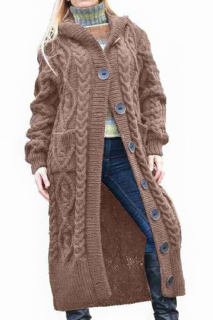 Chouyatou Women's Long Sleeve Hooded Cardigan Chunky Cable Knit Plus Size Over Knee Duster Coat with Pockets