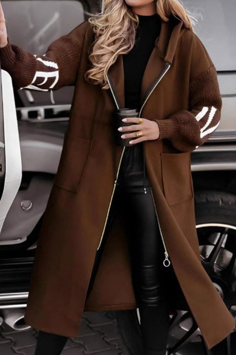 Chouyatou Women's Casual Knitted Sleeve Wool Trench Coat Zip Up Hooded Wool Blend Overcoat with Pockets