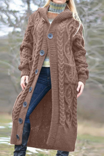 Chouyatou Women's Long Sleeve Hooded Cardigan Chunky Cable Knit Plus Size Over Knee Duster Coat with Pockets