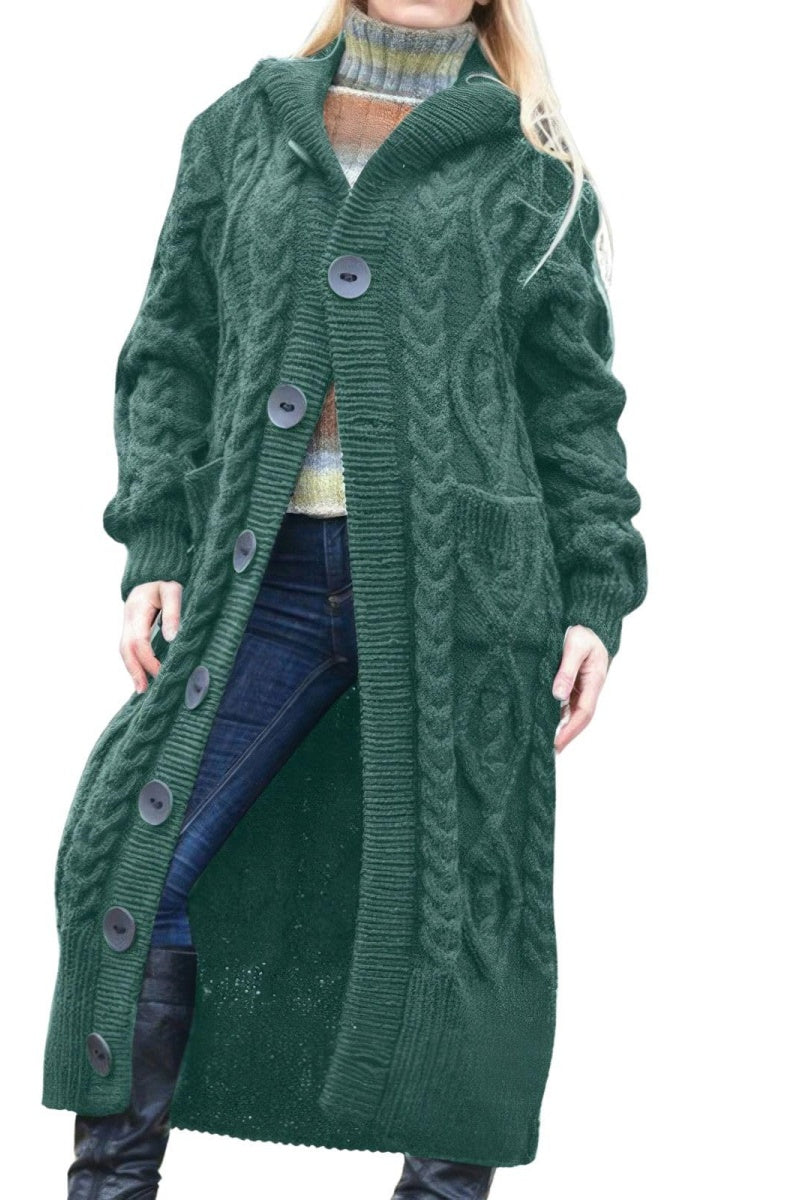 Chouyatou Women's Long Sleeve Hooded Cardigan Chunky Cable Knit Plus Size Over Knee Duster Coat with Pockets