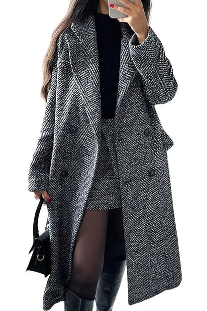 Chouyatou Women's Winter Casual Herringbone Wool Coat Double Breasted Notch Collar Dressy Long Trench Coat