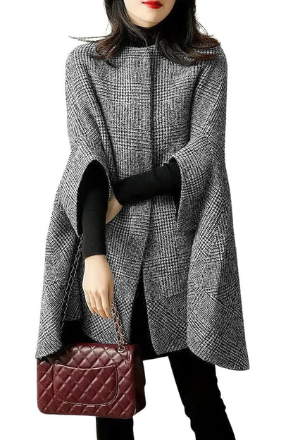 Chouyatou Women's Elegant Plaid Poncho Single Breasted Winter Casual Wool Blend Cape Cloak Coat