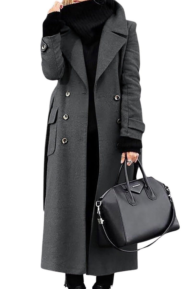 Chouyatou Women's Winter Double Breasted Wool Coat Business Casual Long Winter Pea Coat with Belt