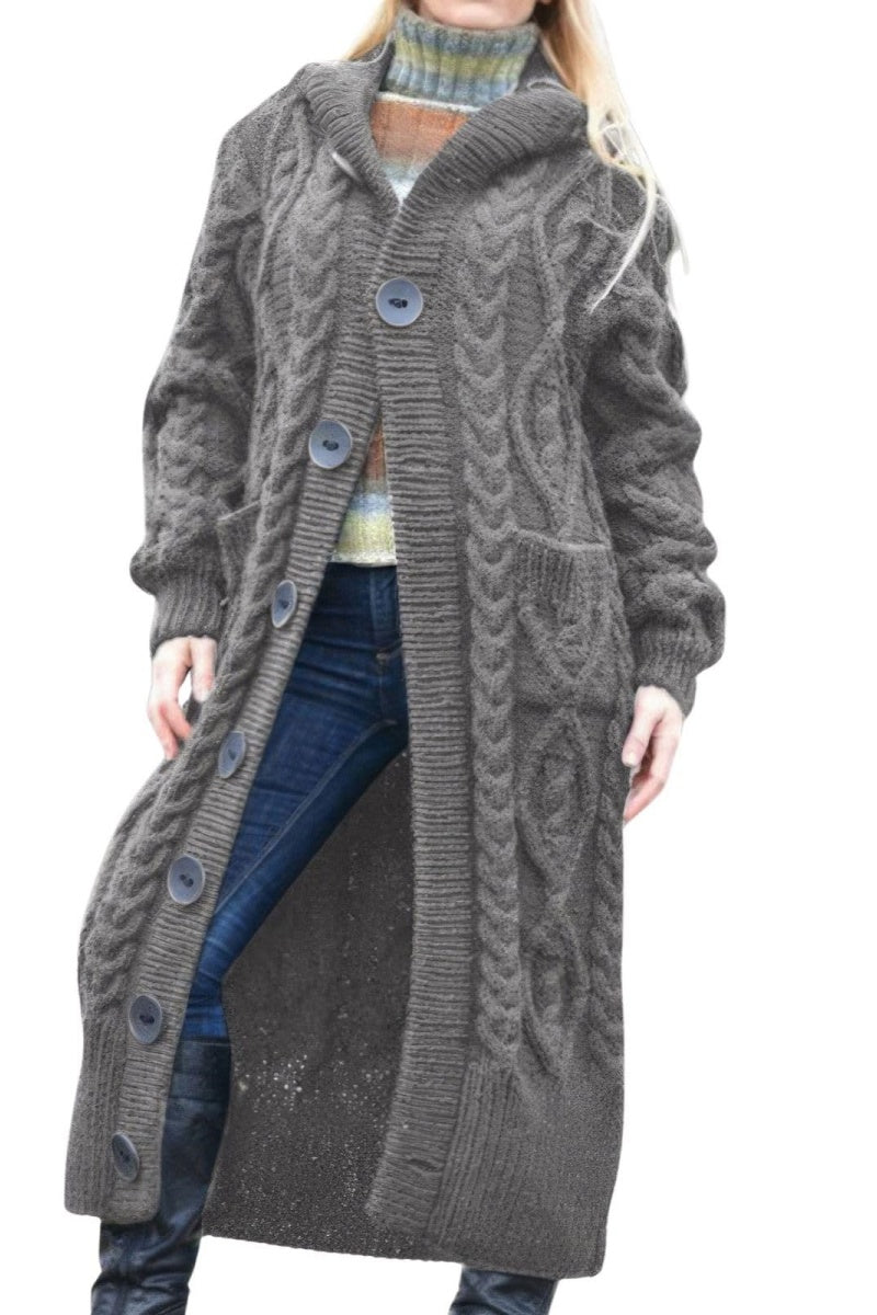 Chouyatou Women's Long Sleeve Hooded Cardigan Chunky Cable Knit Plus Size Over Knee Duster Coat with Pockets