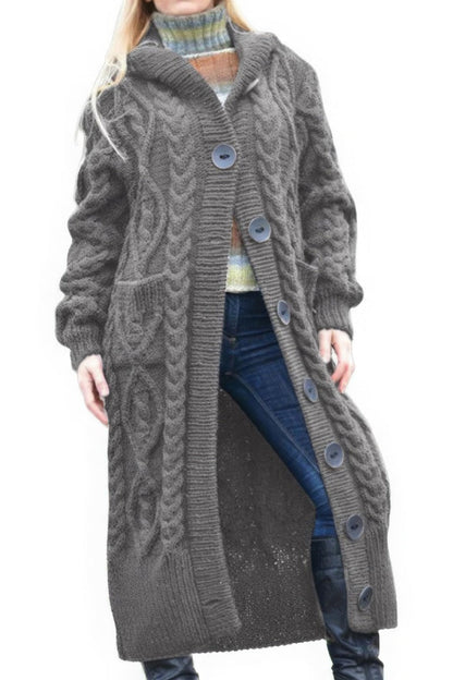 Chouyatou Women's Long Sleeve Hooded Cardigan Chunky Cable Knit Plus Size Over Knee Duster Coat with Pockets