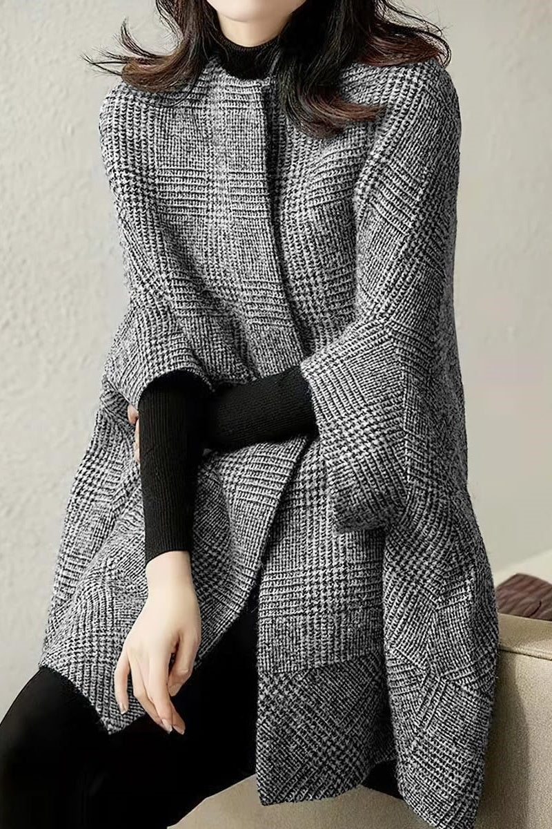 Chouyatou Women's Elegant Plaid Poncho Single Breasted Winter Casual Wool Blend Cape Cloak Coat