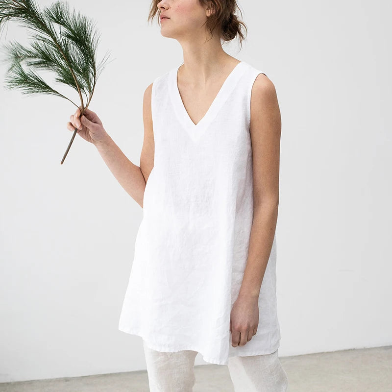 100% Linen Summer Women Tank Top Sexy V-Neck Sleeveless Tops Korean Fashion Clothing