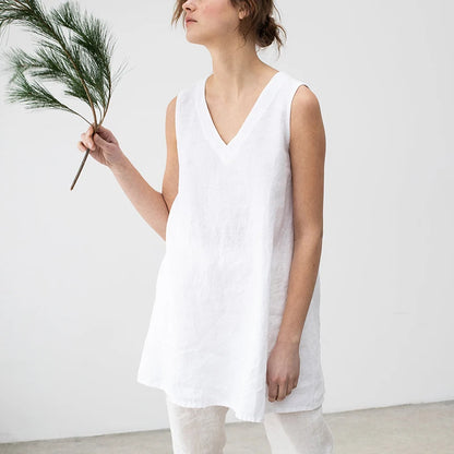 100% Linen Summer Women Tank Top Sexy V-Neck Sleeveless Tops Korean Fashion Clothing