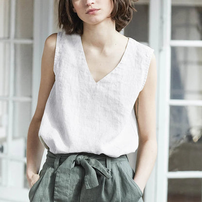 100% Linen Summer Women Tank Top Sexy V-Neck Sleeveless Tops Korean Fashion Clothing