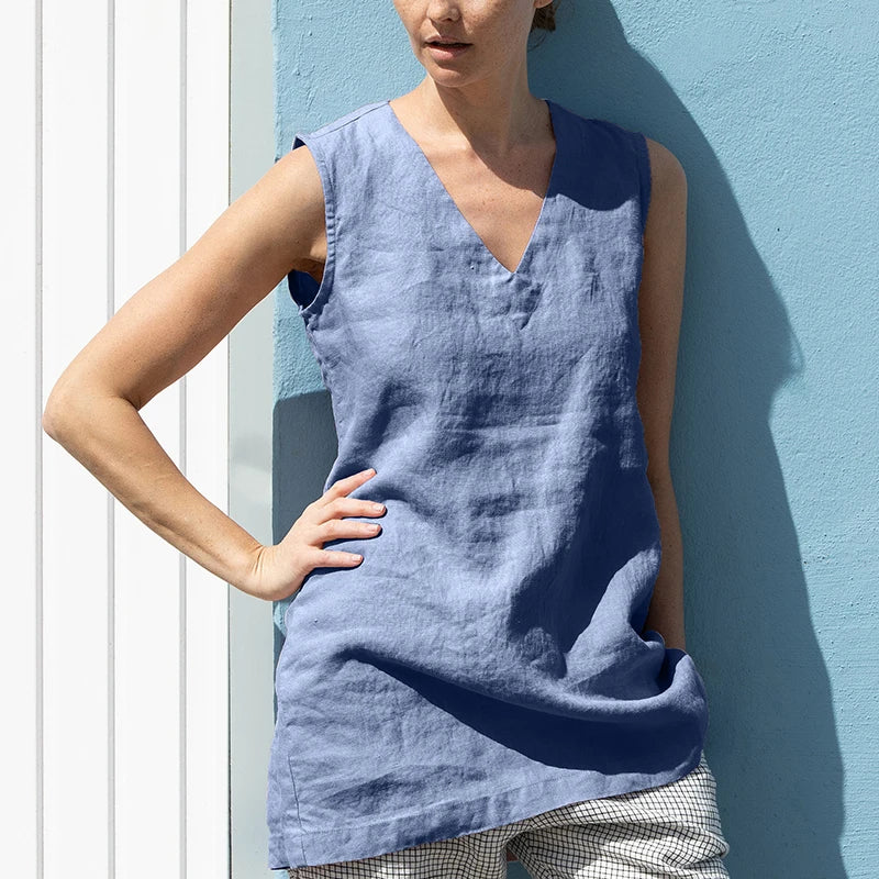 100% Linen Summer Women Tank Top Sexy V-Neck Sleeveless Tops Korean Fashion Clothing