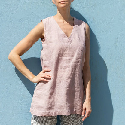 100% Linen Summer Women Tank Top Sexy V-Neck Sleeveless Tops Korean Fashion Clothing