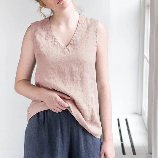 100% Linen Summer Women Tank Top Sexy V-Neck Sleeveless Tops Korean Fashion Clothing