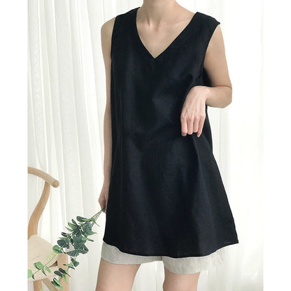 100% Linen Summer Women Tank Top Sexy V-Neck Sleeveless Tops Korean Fashion Clothing