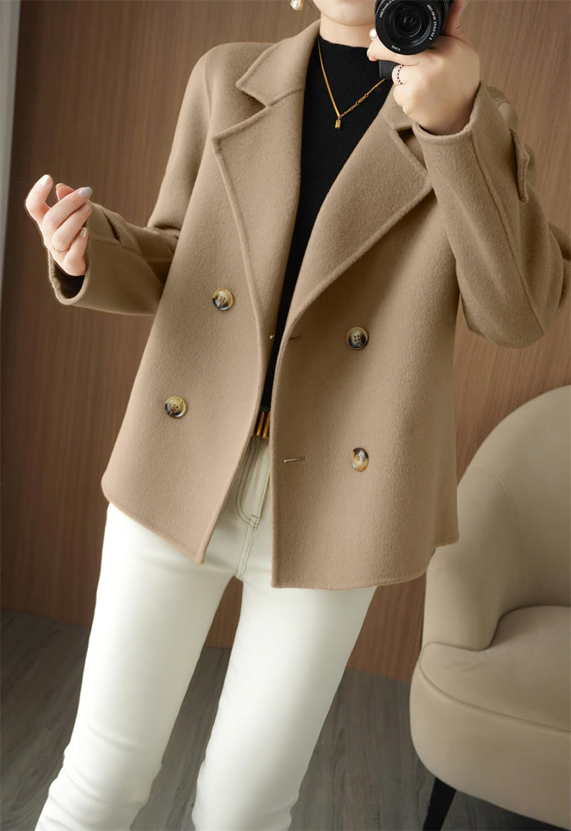 Chouyatou Womens Fall Winter Casual Business Wool Blend Coat Loose Double Breasted Dressy Blazer Pea Coat
