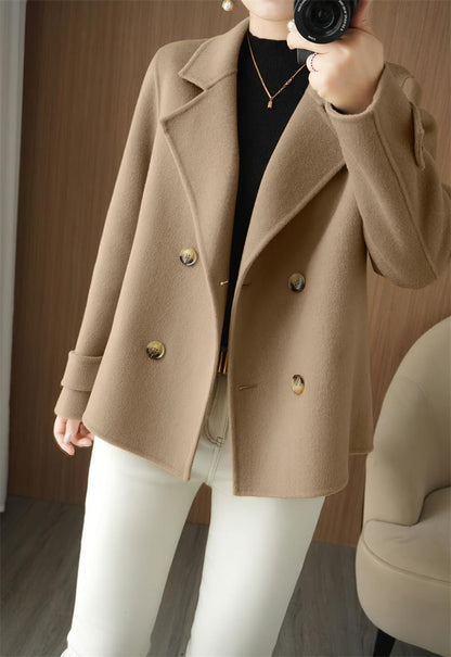 Chouyatou Womens Fall Winter Casual Business Wool Blend Coat Loose Double Breasted Dressy Blazer Pea Coat
