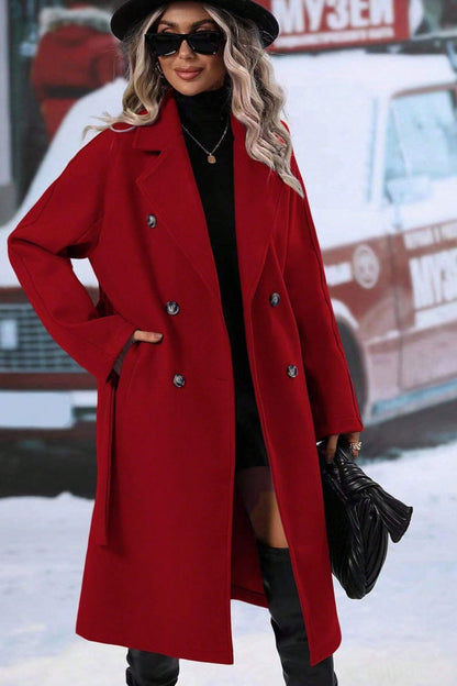 Chouyatou Womens Long Wool Pea Coat Notched Lapel Double Breasted Trench Coat Winter Warm Overcoat with Belt