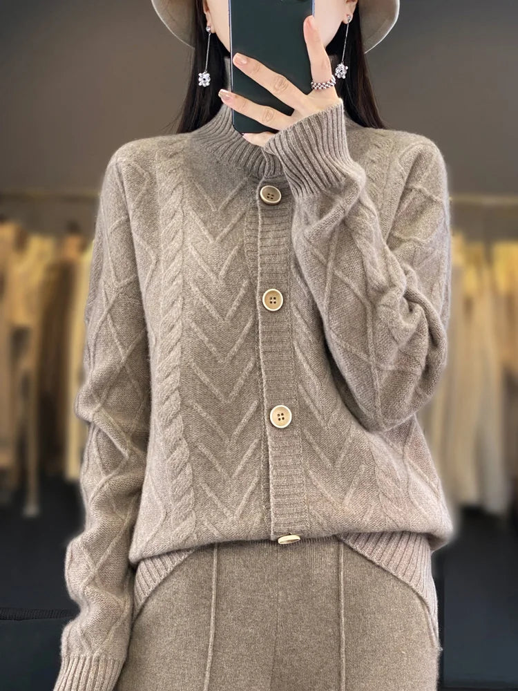 Autumn Winter Women Thick 100% Merino Wool Cardigan  Cashmere Sweater Knitwear Turn Down Collar Cable Knitting Clothing Tops