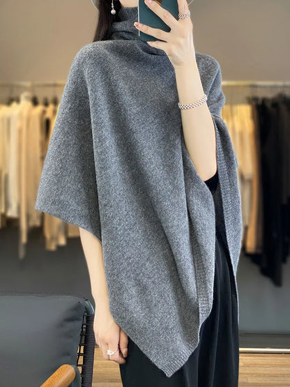 New Chic Women Wool Sweater Shawl Heap Collar Pullover 100% Merino Wool Knitwear Autumn Winter Cashmere Soft Simple Cloak Shawl