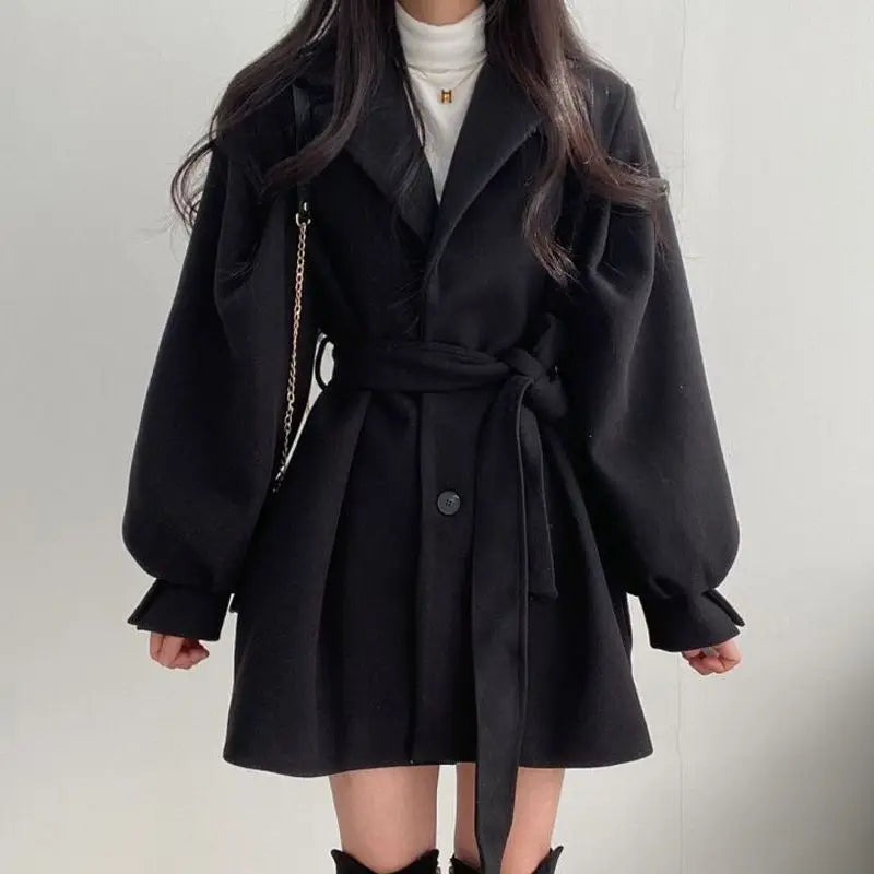 Black Trench Coat for Women Aesthetic Long Wool Blends Winter Clothing Puffer Woman Coats New Clothes Korean Jackets Female Thic