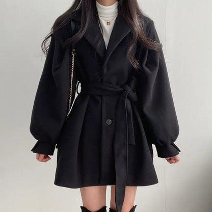 Black Trench Coat for Women Aesthetic Long Wool Blends Winter Clothing Puffer Woman Coats New Clothes Korean Jackets Female Thic