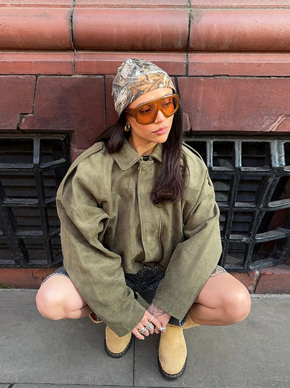 Fashion Suede Zipper Bomber Jacket For Women Vintage Turn Down Collar Long Sleeve Coats Lady New Street Chic Short Outerwear