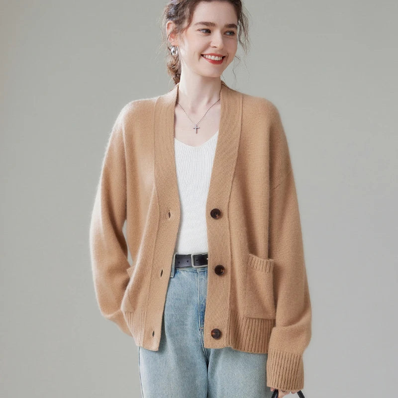 2024 Hot Sales Autumn Women's Cardigan 100% Cashmere Knitted Sweater Tops Coat Casual V-Neck Loose Large Size Shirt Spring