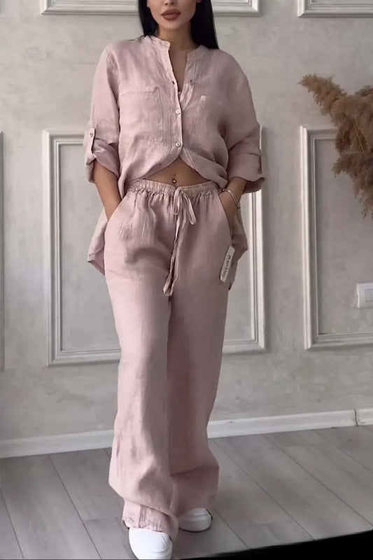 Felicitas | Damen Set aus Baumwoll-Leinen – Langarmbluse mit Hose