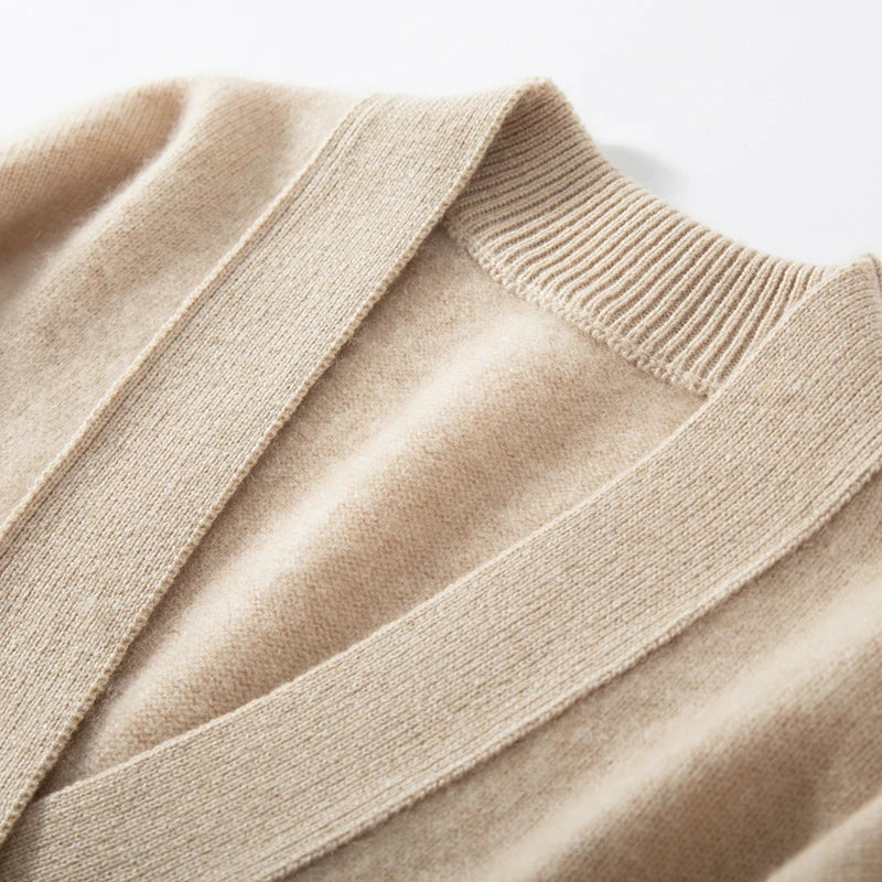 2024 Hot Sales Autumn Women's Cardigan 100% Cashmere Knitted Sweater Tops Coat Casual V-Neck Loose Large Size Shirt Spring