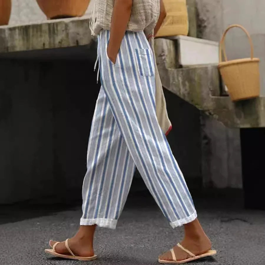 2025 Womens Summer New Fashion Printed Straight Pants Blue Pocket Lace Seaside Beach Vacation Style Trousers Women's Loose Pants