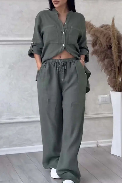 Felicitas | Damen Set aus Baumwoll-Leinen – Langarmbluse mit Hose