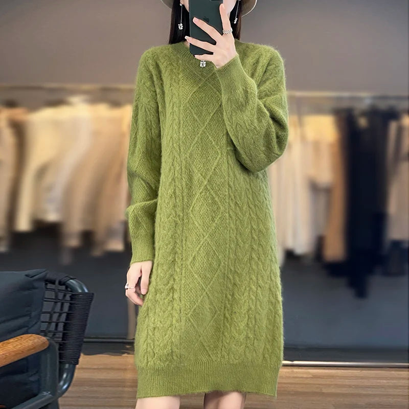 DjzDsm Autumn And Winter New 100% Mink Fur Women's High Quality Round Neck Thick Warm Jumper Knitted Solid Color Loose Dress