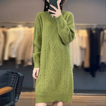 DjzDsm Autumn And Winter New 100% Mink Fur Women's High Quality Round Neck Thick Warm Jumper Knitted Solid Color Loose Dress