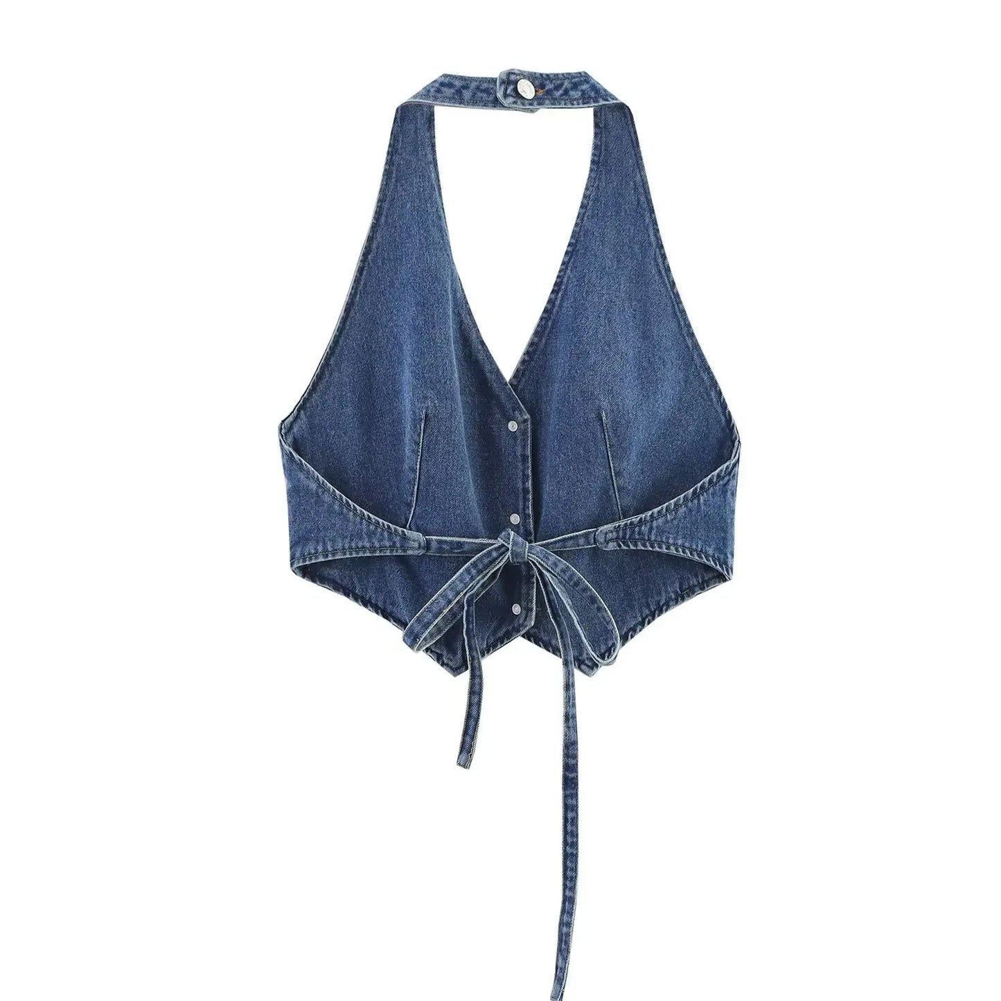 ZBZA Women Denim Cropped Vest Shorts Set Halter Neck Backless Single Breasted Top High Waist A-line Shorts Summer New Chic Suit