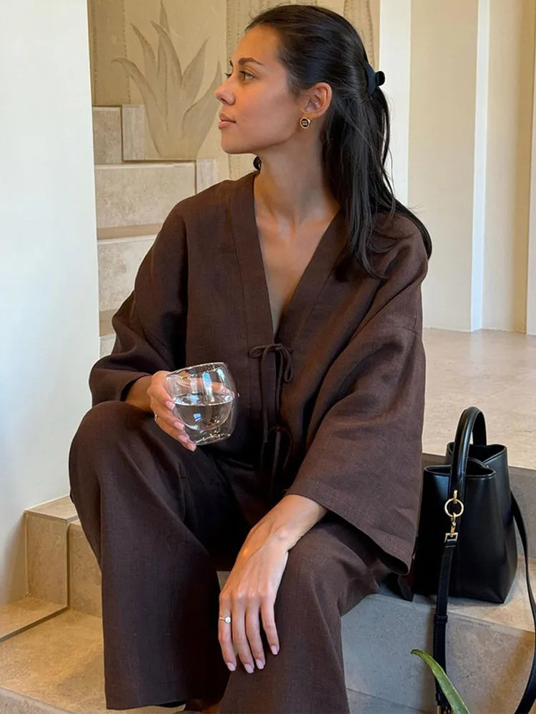 Chic Brown Cotton Linen Long Pants Sets Women's Casual Loose Solid Lace Up V-neck Shirts Suits 2025 Lady Daily Streetwear New