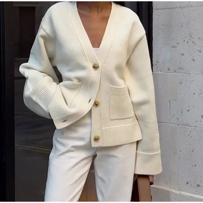 Women Casual Solid Single V Neck Knitted Cardigan Fashion Single Breasted Full Sleeves Sweater Autumn Chic Female Street Wear