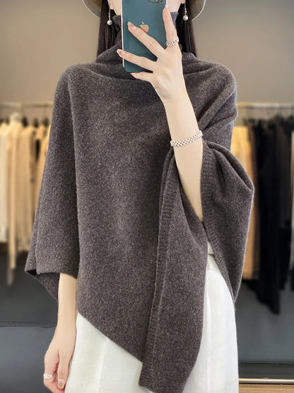 New Chic Women Wool Sweater Shawl Heap Collar Pullover 100% Merino Wool Knitwear Autumn Winter Cashmere Soft Simple Cloak Shawl