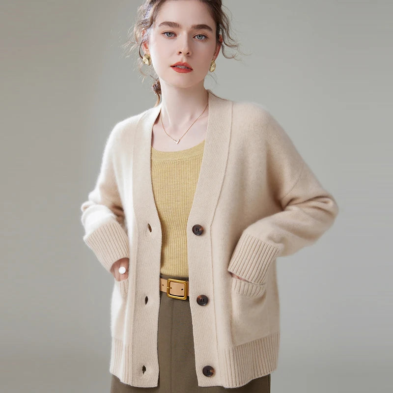 2024 Hot Sales Autumn Women's Cardigan 100% Cashmere Knitted Sweater Tops Coat Casual V-Neck Loose Large Size Shirt Spring
