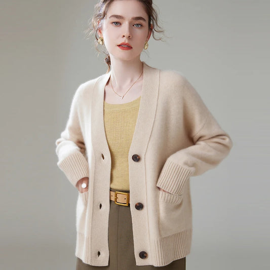 2024 Hot Sales Autumn Women's Cardigan 100% Cashmere Knitted Sweater Tops Coat Casual V-Neck Loose Large Size Shirt Spring