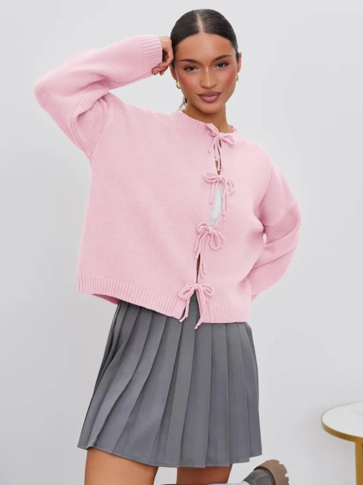 Fashion Solid Sweater For Women O-neck Full Sleeve Lace Up Loose Short Tops 2025 Autumn Elegant Female Daily Casual Outerwear
