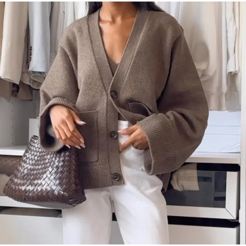 Women Casual Solid Single V Neck Knitted Cardigan Fashion Single Breasted Full Sleeves Sweater Autumn Chic Female Street Wear