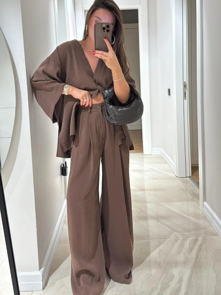 Chic Brown Cotton Linen Long Pants Sets Women's Casual Loose Solid Lace Up V-neck Shirts Suits 2025 Lady Daily Streetwear New