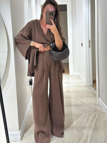 Chic Brown Cotton Linen Long Pants Sets Women's Casual Loose Solid Lace Up V-neck Shirts Suits 2025 Lady Daily Streetwear New