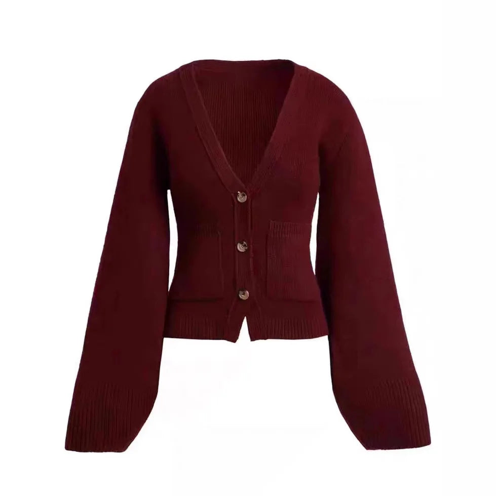 Solid Color Female's Autumn Sweater V-neck High-Waist Button Pocket Cardigan For Women Knit Cropped Long Sleeves Jacket For Lady