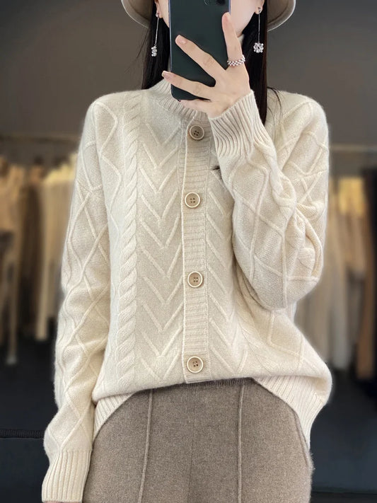 Autumn Winter Women Thick 100% Merino Wool Cardigan  Cashmere Sweater Knitwear Turn Down Collar Cable Knitting Clothing Tops