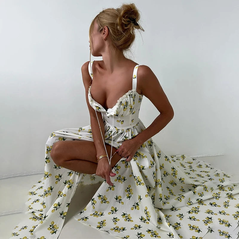 Tornova Printed Suspender Dress For Women Cotton Sexy Slit High Waist Long Dress Elegant Lace Up Summer Female Vacation Dress