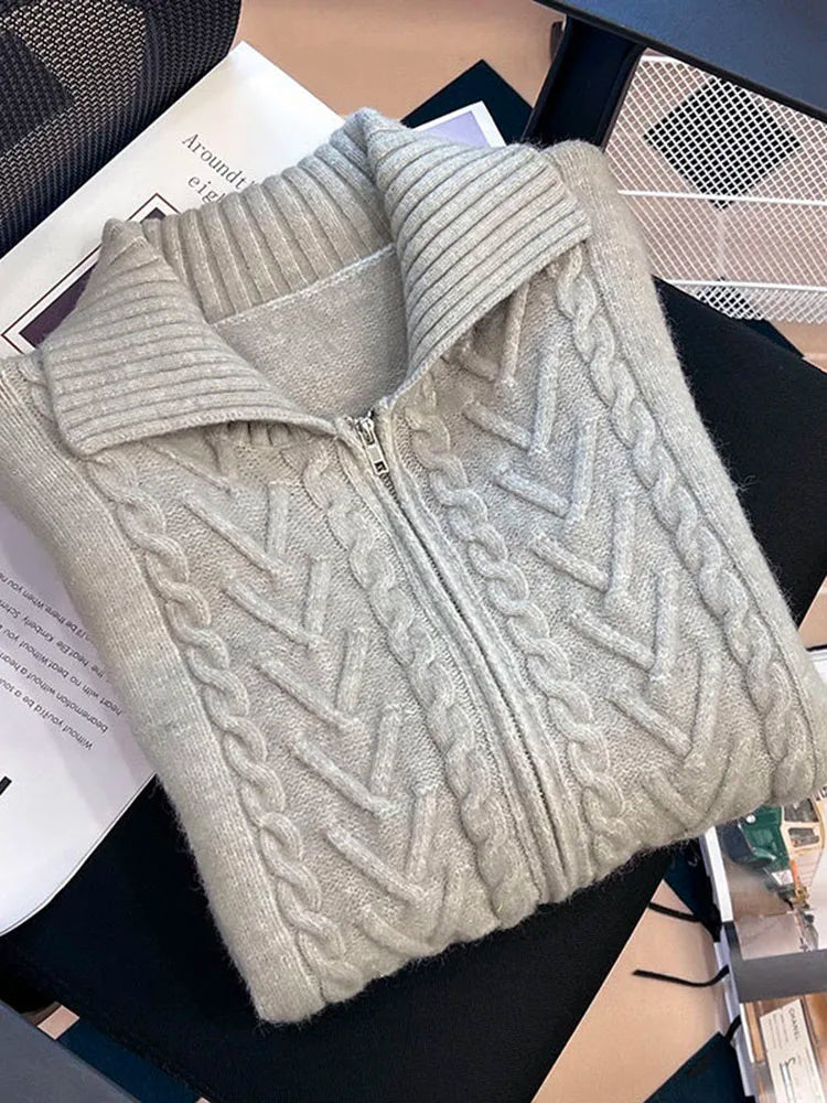 Zoki Grey Y2K Cardigan Sweaters Women Streetwear Double Zipper Loose Knitted Coat Tops Loose Long Sleeve Casual Harajuku Jackets