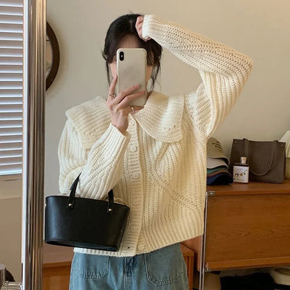 Sweet Peter Pan Collar Knitted Cardigan Women Autumn Simple Single Breasted Sweater Coats Woman Solid Color Korean Cardigan